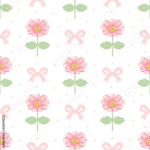 seamless pattern with pink flowers, Pixel-style image