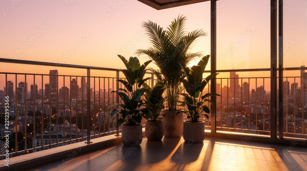 Fototapeta premium Modern apartment balcony with green potted plants during golden hour sunset. City skyline view from high floor penthouse. Warm sunlight creates calm atmosphere for relaxation. Urban lifestyle scene
