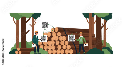 Forestry Workers Using QR Codes for Timber Traceability and Sustainable Wood Supply Chain Illustration