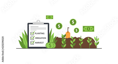 Agricultural Business Growth and Farming Management Illustration with Checklist and Money Icons