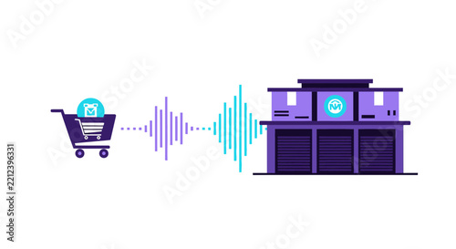 Voice Commerce and Smart Retail Illustration with Shopping Cart, Sound Wave, and Warehouse for E-commerce and Logistics Concepts