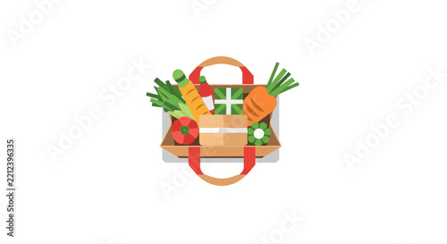 Flat Vector Illustration of Paper Grocery Bag with Fresh Vegetables and Healthy Food