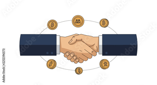 Business handshake illustration with digital currency icons, representing B2B partnerships and the global crypto economy.