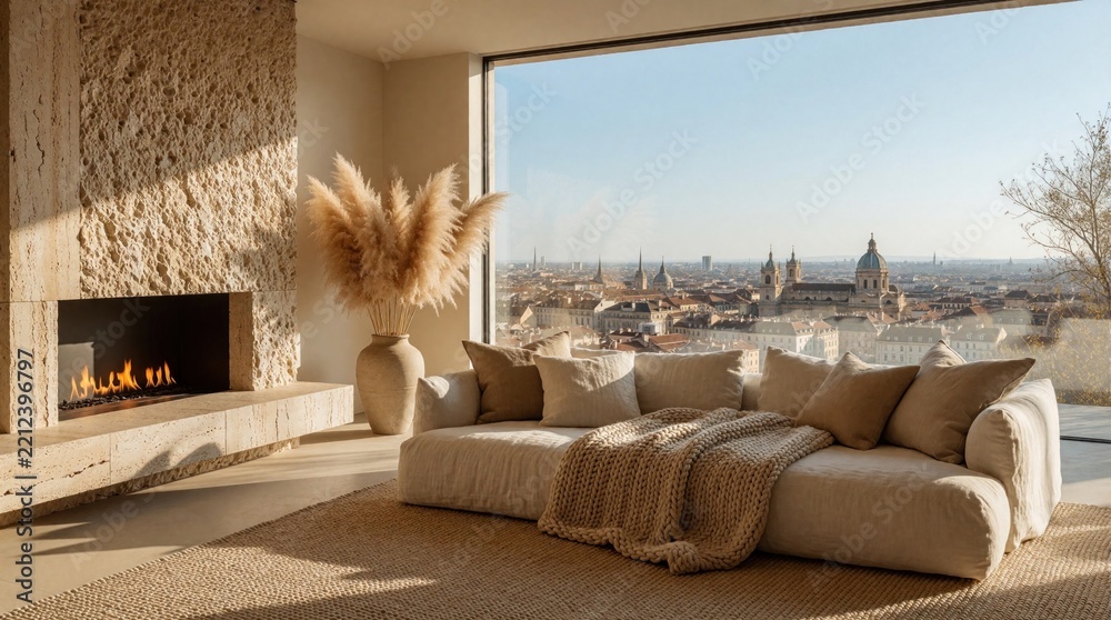 Obraz premium Minimalist warm living room with stone fireplace, cozy sofa. Pampas grass in vase decorate modern interior. Large panoramic window shows city skyline view. Neutral beige decor creates calm atmosphere
