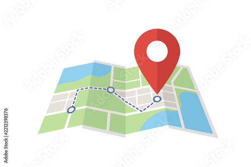 Folded paper map with red pin and navigation route on white background