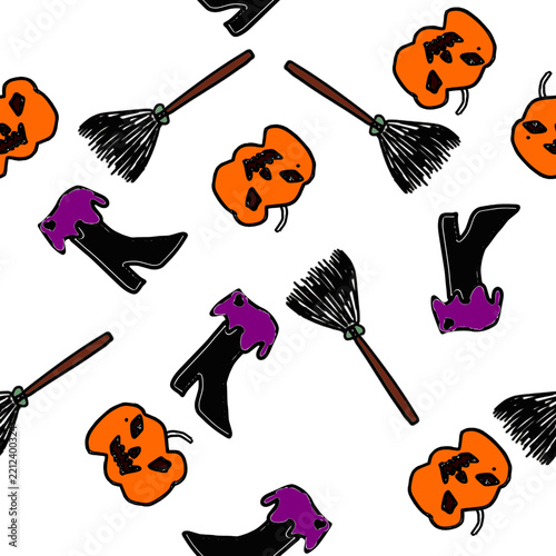 random seamless background with fruits pumpkin, broom, Witch boots, Halloweens pattern repeat seamless style, replete image design for fabric printing