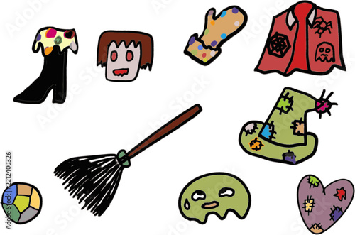 Cute Halloween cartoon doodles featuring a witch broom, ghosts, wizard hat, gloves, cloak, and festive icons on a white background.   
