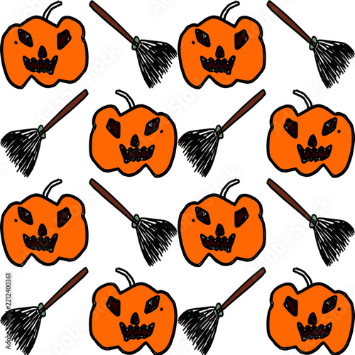 random seamless background with fruits pumpkin and broom Halloweens pattern repeat seamless style, replete image design for fabric printing