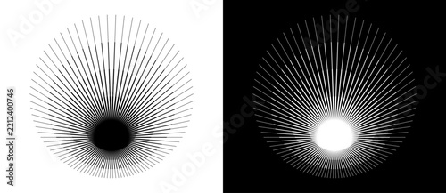 Circle made of straight radiating lines of varying thickness converging to a solid center, burst icon, black on white and white on black variants.