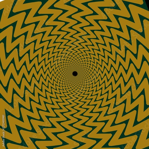 Luxury abstract emerald green and gold geometric zigzag lines spiral vortex background with hypnotic optical illusion tunne