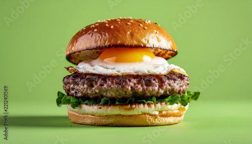 Premium grilled beef burger topped with a sunny-side-up egg, ideal for restaurant menus and gourmet food advertising.