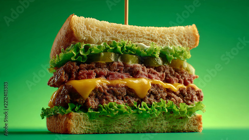Creative double beef burger layered inside toasted bread, perfect for fast food advertising and restaurant branding.