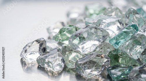 Sorted clean crushed clear flint and emerald green cullet glass chunks fragments in laboratory inspection tray for remelting bottle furnace container glass circular economy cycle