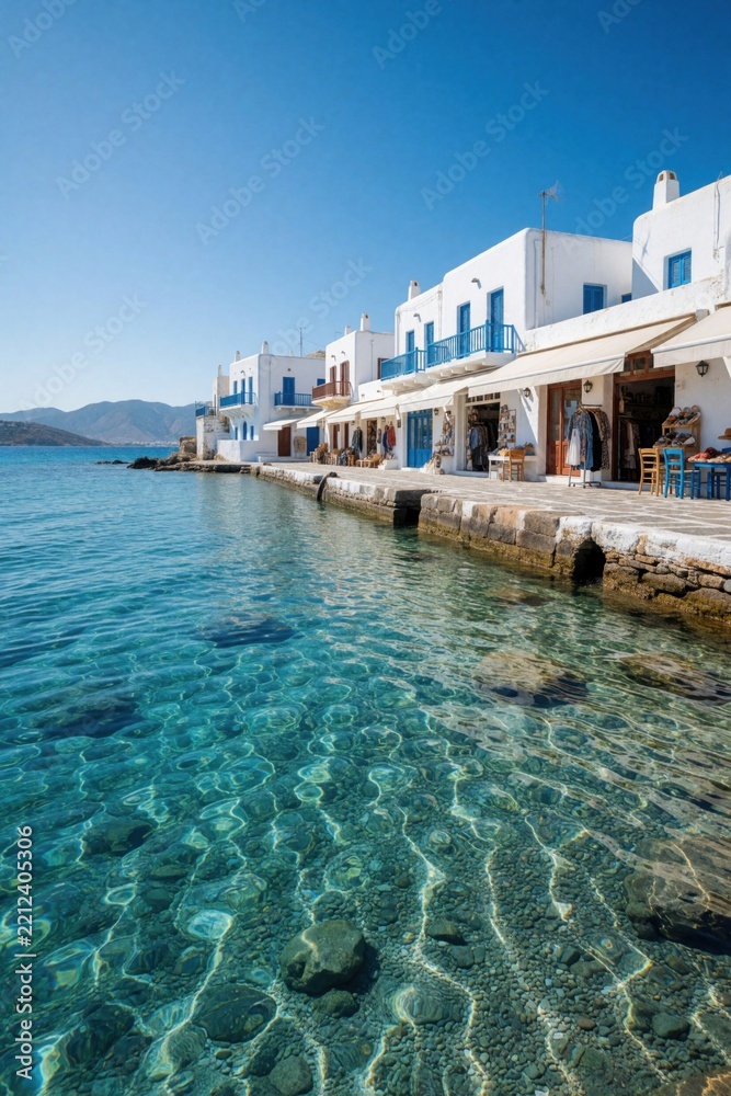 Fototapeta premium White buildings with blue doors line clear turquoise sea coast. Coastal village houses sit on stone pier near calm ocean water. Sunny summer day in Mediterranean resort town. Tropical waterfront