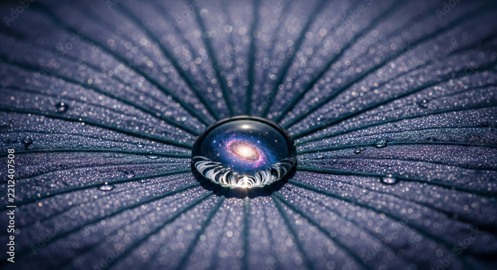 Fototapeta premium Surreal macro photography of a glowing spiral galaxy inside a clear water drop on a textured purple leaf