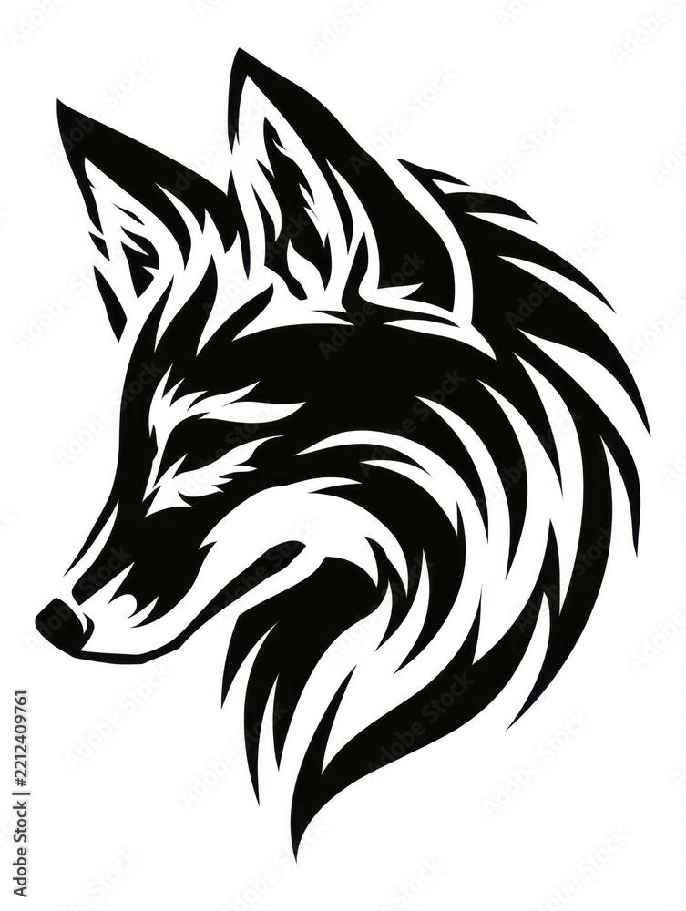 Fototapeta premium black and white tribal style fox head profile logo illustration isolated on white background wild animal mascot line art tattoo design silhouette graphic element minimalist canine symbol