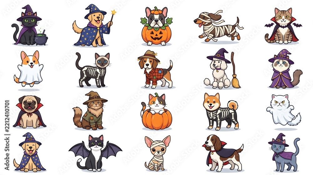 Fototapeta premium Cute Halloween Pets Collection. Cats, Dogs, Rabbits and Guinea Pigs in Costumes Vector Illustration