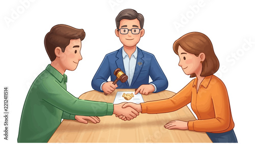 Illustration of lawyer mediating handshake agreement between two people