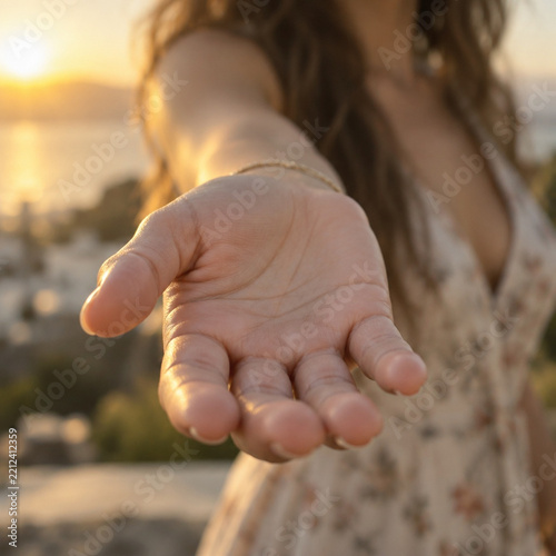 Female Hand Reaching Out with Open Palm in Warm Light