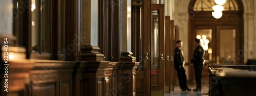 Security Officers Standing in a Courthouse Hallway with Wood Paneling and Elegant Lighting