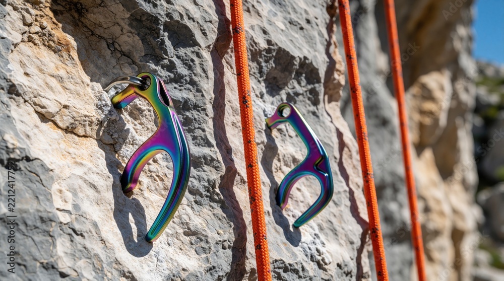 Fototapeta premium Close up of colorful 3d printed titanium climbing pitons fixed into rock wall. Innovative gear stays secure on steep cliff face with bright orange ropes. Advanced metal hardware used for outdoor rock