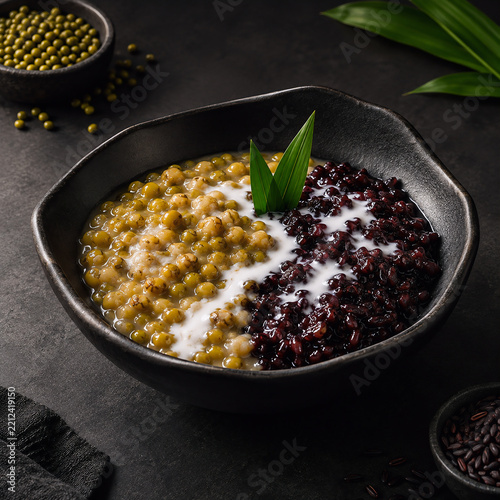 Indonesian dessert porridge, combining Bubur Kacang Hijau (mung bean) and Bubur Ketan Hitam (black glutinous rice) with coconut milk swirl and pandan leaves in a rustic black ceramic bowl.