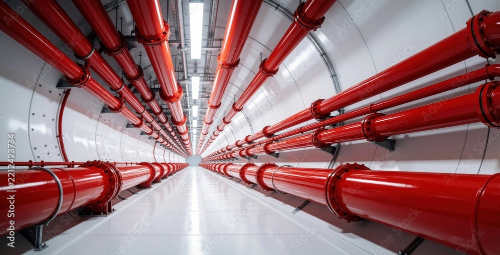 Fototapeta premium Vivid red pipes line white tunnel in modern industrial facility. Bright pipes create geometric pattern inside clean underground passage. Symmetry, perspective show engineering structure for water gas