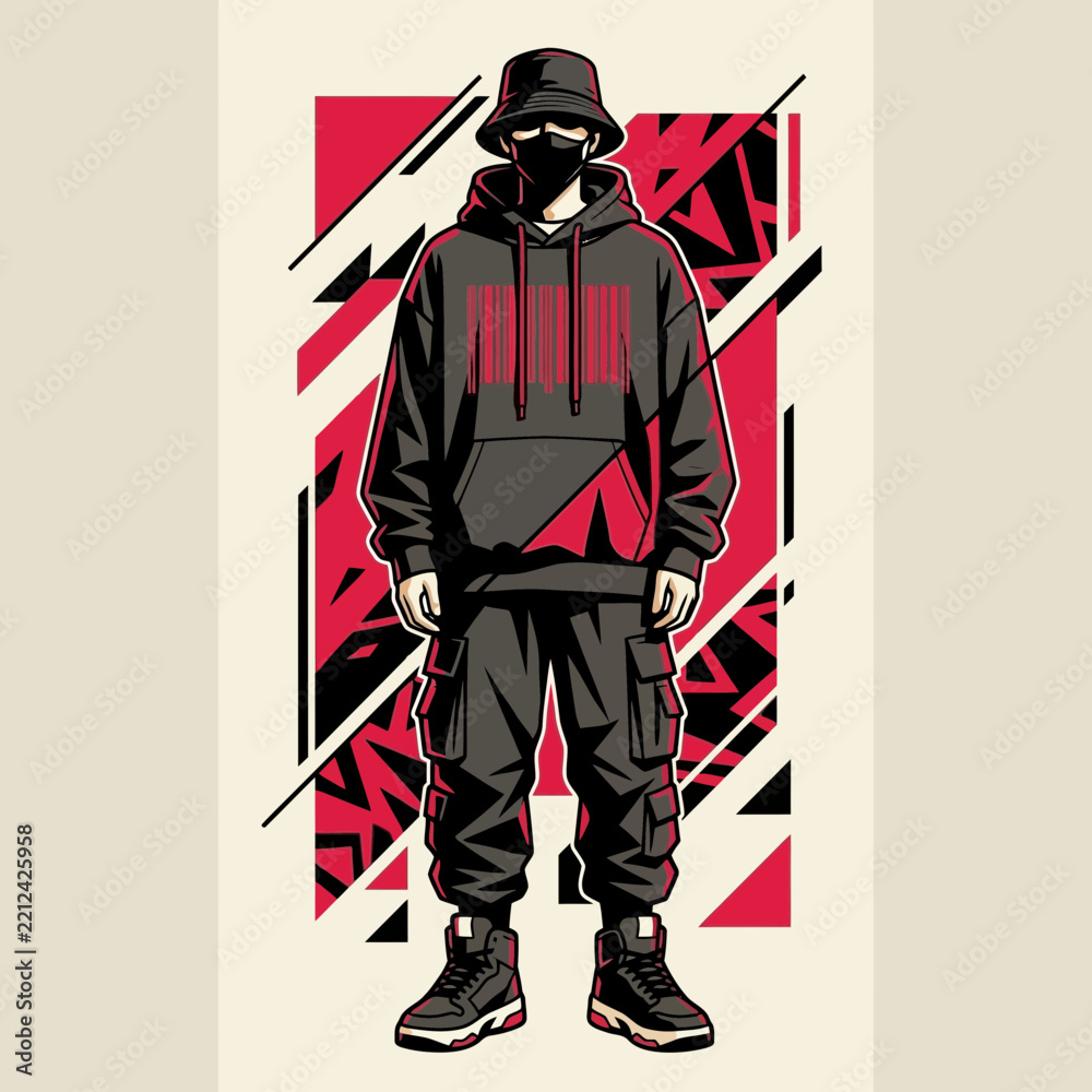 Obraz premium Urban character with bucket hat, hoodie, cargo pants, and sneakers.