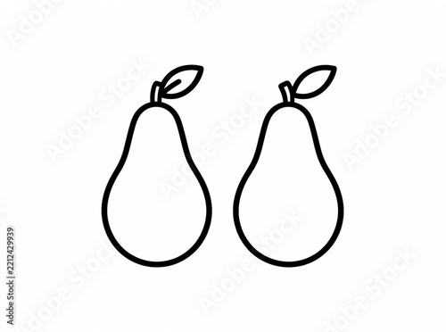 Two simple pear outlines, black on white. Each pear has a small leaf at the stem. Clean, minimalist line art style. Perfect for design or photo projects. No branding or complex details