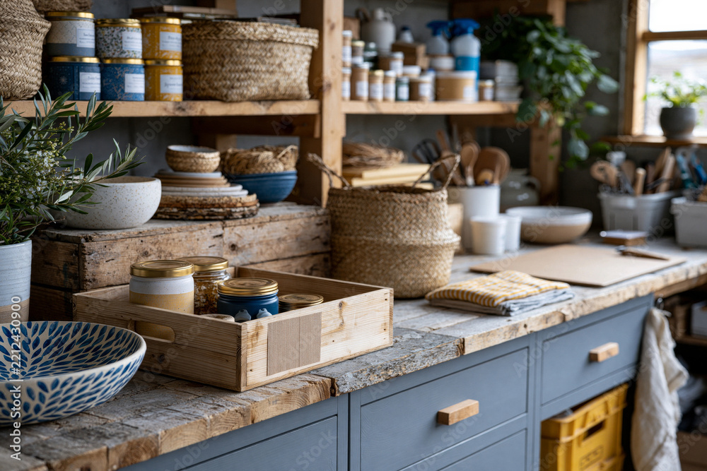 Fototapeta premium Close-up of organized sustainable diy workspace with reclaimed materials, handmade decorative pieces, eco-friendly supplies and , premium advertising composition