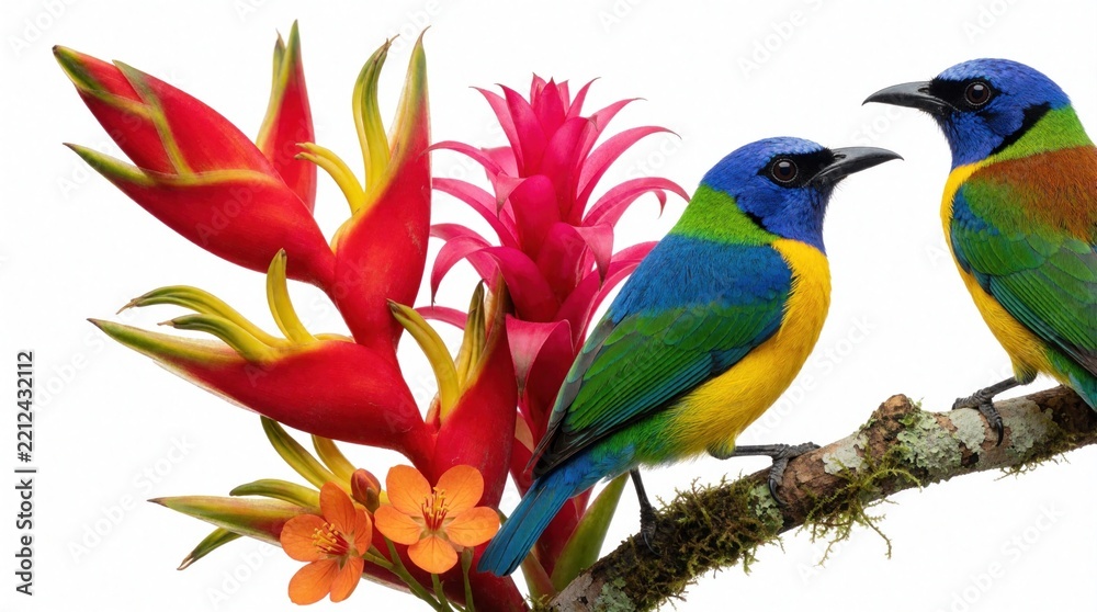 Obraz premium Two colorful tropical birds perch on tree branch with exotic flowers. Vibrant blue green, yellow birds sit near red heliconia, pink bromeliad. Beautiful wild avian life rests among bright jungle