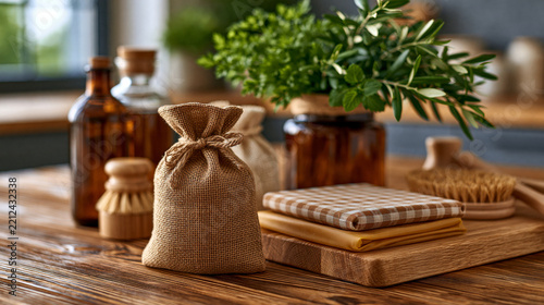 Atmospheric design featuring sustainable zero waste kitchen essentials displayed on a clean wooden table with reusable produce bags, glass bottles, beeswax wraps and wooden brushes, soft window light,
