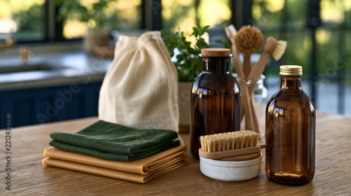 A refined view of sustainable zero waste kitchen essentials displayed on a clean wooden table with reusable produce bags, glass bottles, beeswax wraps and wooden brushes, soft window light, , , ,