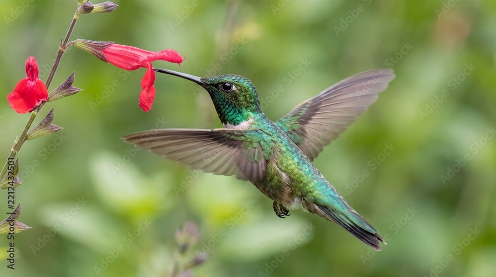 Fototapeta premium Hummingbird Hovering to Sip Nectar From Red Flower