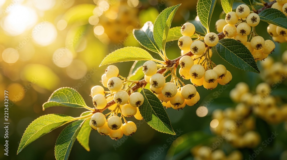Fototapeta premium Pale yellow berries grow on green tree branch under warm sunlight. Close up of ripe fruit clusters in summer garden. Organic berries hang from plant with soft bokeh background. Healthy natural food
