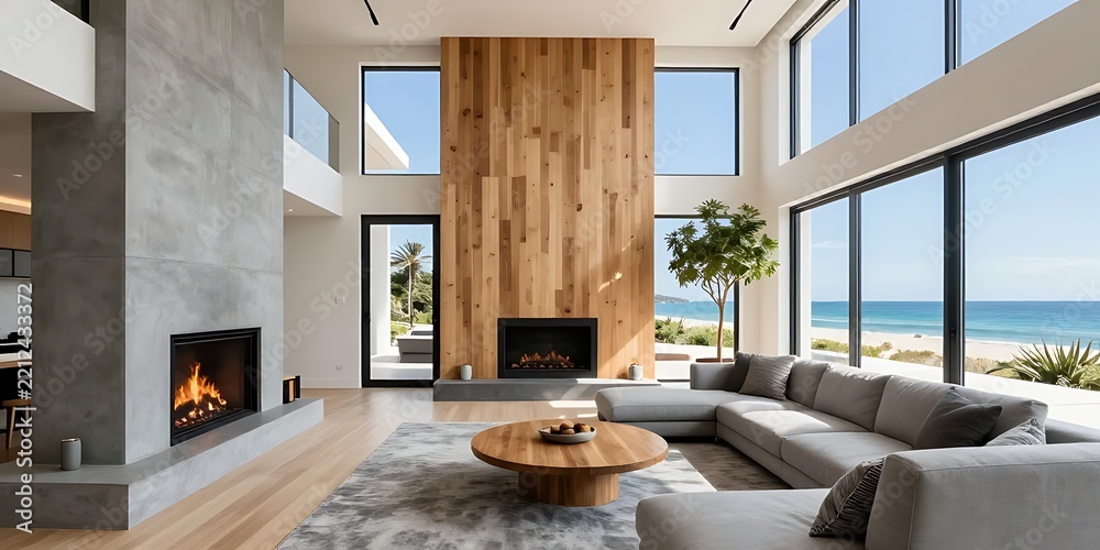 Fototapeta premium Modern luxury living room interior featuring a concrete fireplace, wooden panel wall, large glass windows with panoramic sea views, and a cozy sofa overlooking a sandy beach.