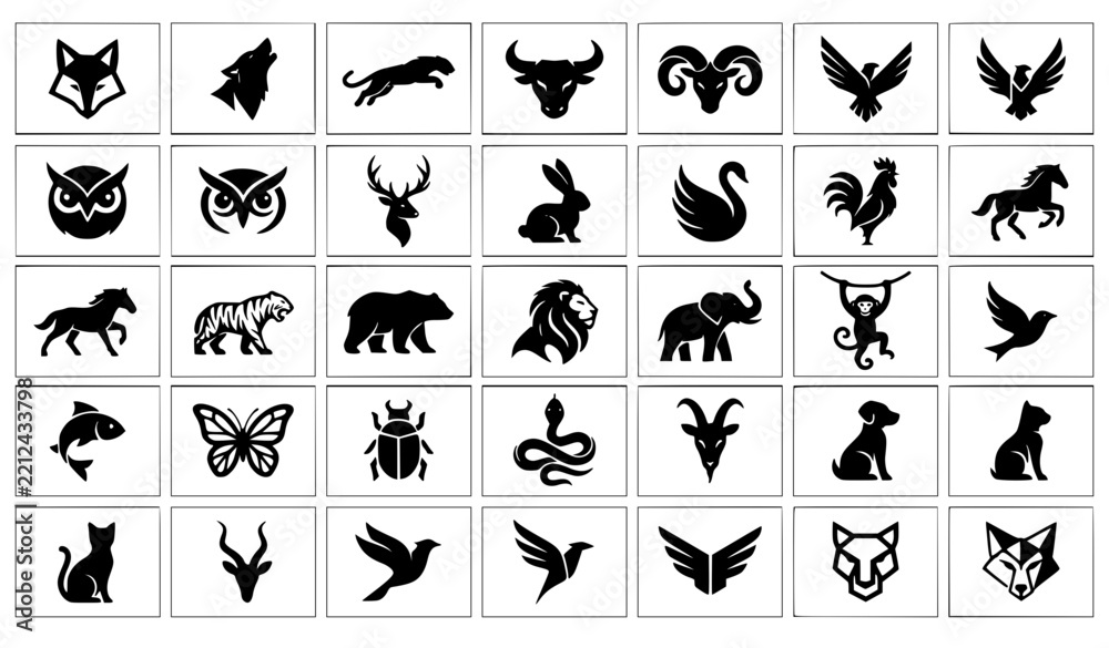 Obraz premium Minimal Animal and Wildlife Logo Collection Black and White Vector Set