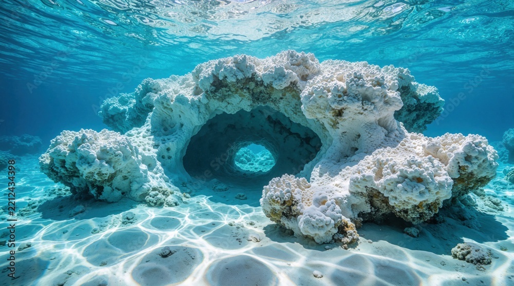 Fototapeta premium Underwater view of white coral reef formation in clear turquoise ocean. Sunlight shines through blue water creating patterns on sandy seabed. Natural marine structure forms tunnel shape on ocean