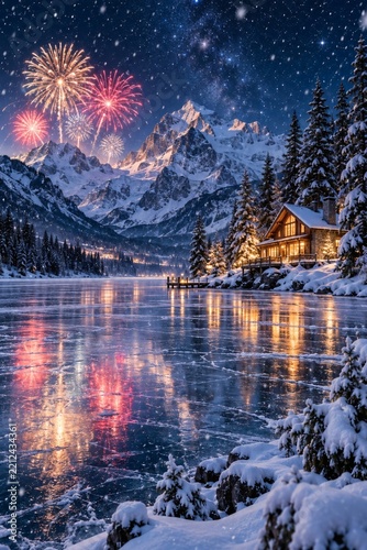 Magical Winter Night with Fireworks and Stars