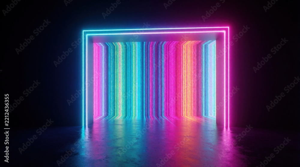 Fototapeta premium Futuristic neon portal with glowing colorful vertical lines. Bright cyan pink, orange light stripes create immersive digital tunnel. Abstract light installation in dark space serves as entrance to