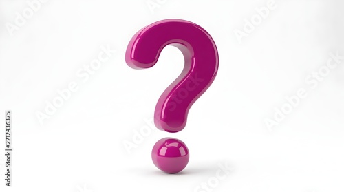 Question mark symbol crafted in glossy magenta stands upright against a minimalist white studio background.