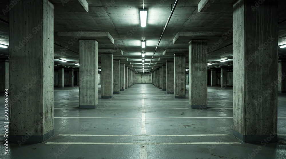 Fototapeta premium Empty Concrete Parking Garage With Symmetrical Pillars