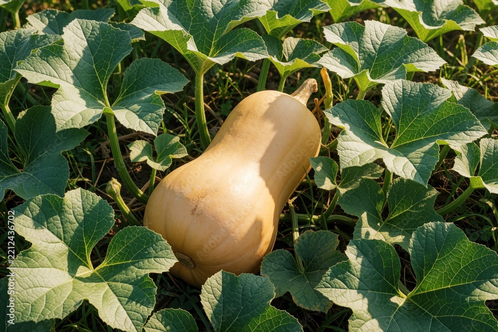 Fototapeta premium Large ripe butternut squash grows on green vine in organic farm field. Fresh seasonal gourd sits among big leaves during harvest season. Healthy vegetable crop matures under sunlight in agriculture