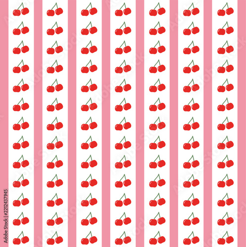 Red cherry repeat arranged vertical with pink lines pattern, fruit food theme