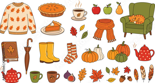 Autumn themed vector illustration featuring cozy items and fall foliage on white