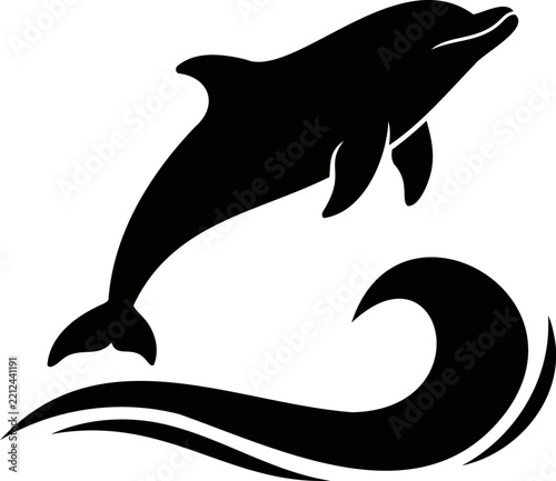Leaping dolphin over a stylized wave, symbolizing freedom, ocean life, and aquatic adventures for marine or travel designs.