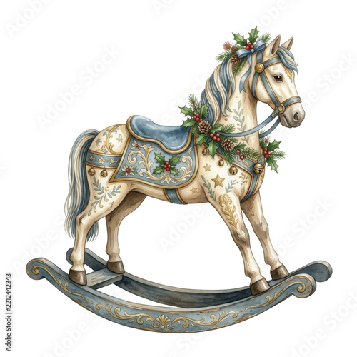 Vintage style rocking horse decorated with festive holiday greenery and winter berries