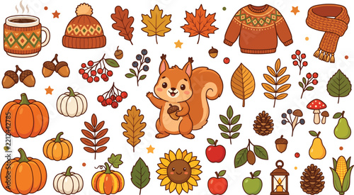 Autumn harvest illustration featuring pumpkins leaves a squirrel and seasonal accessories