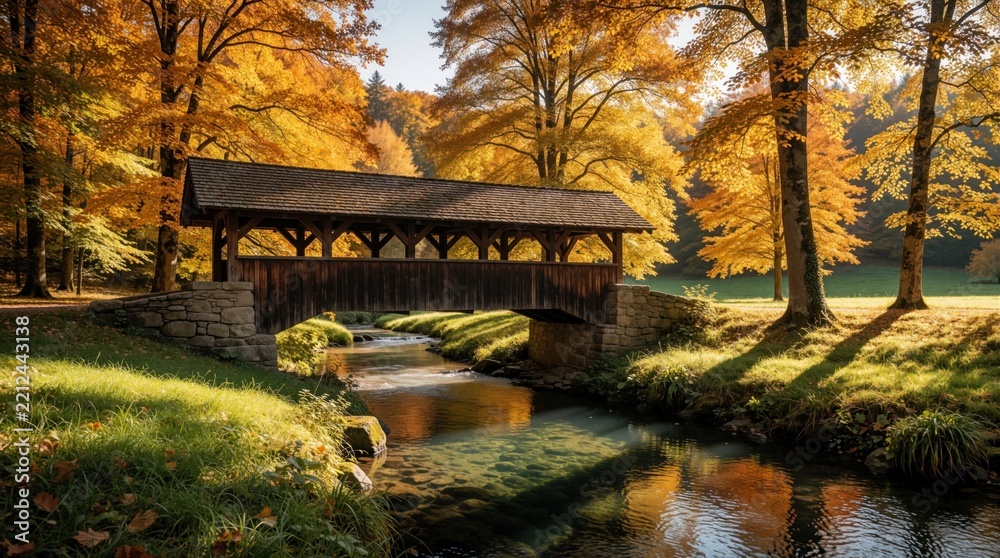 Obraz premium Small wooden covered bridge crosses calm forest stream in autumn park. Golden fall foliage surrounds stone pillars, river. Peaceful landscape with yellow trees, green grass, sunlight creates serene