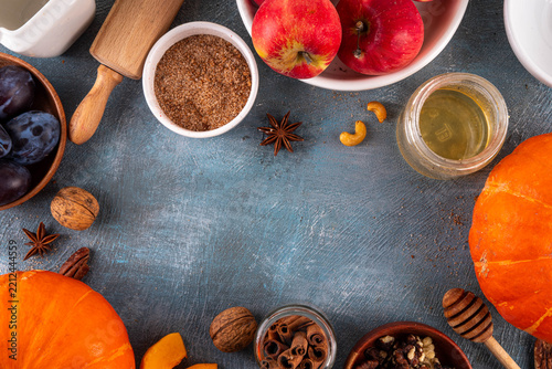 Fall baking, cooking seasonal dessert background with various ingredients